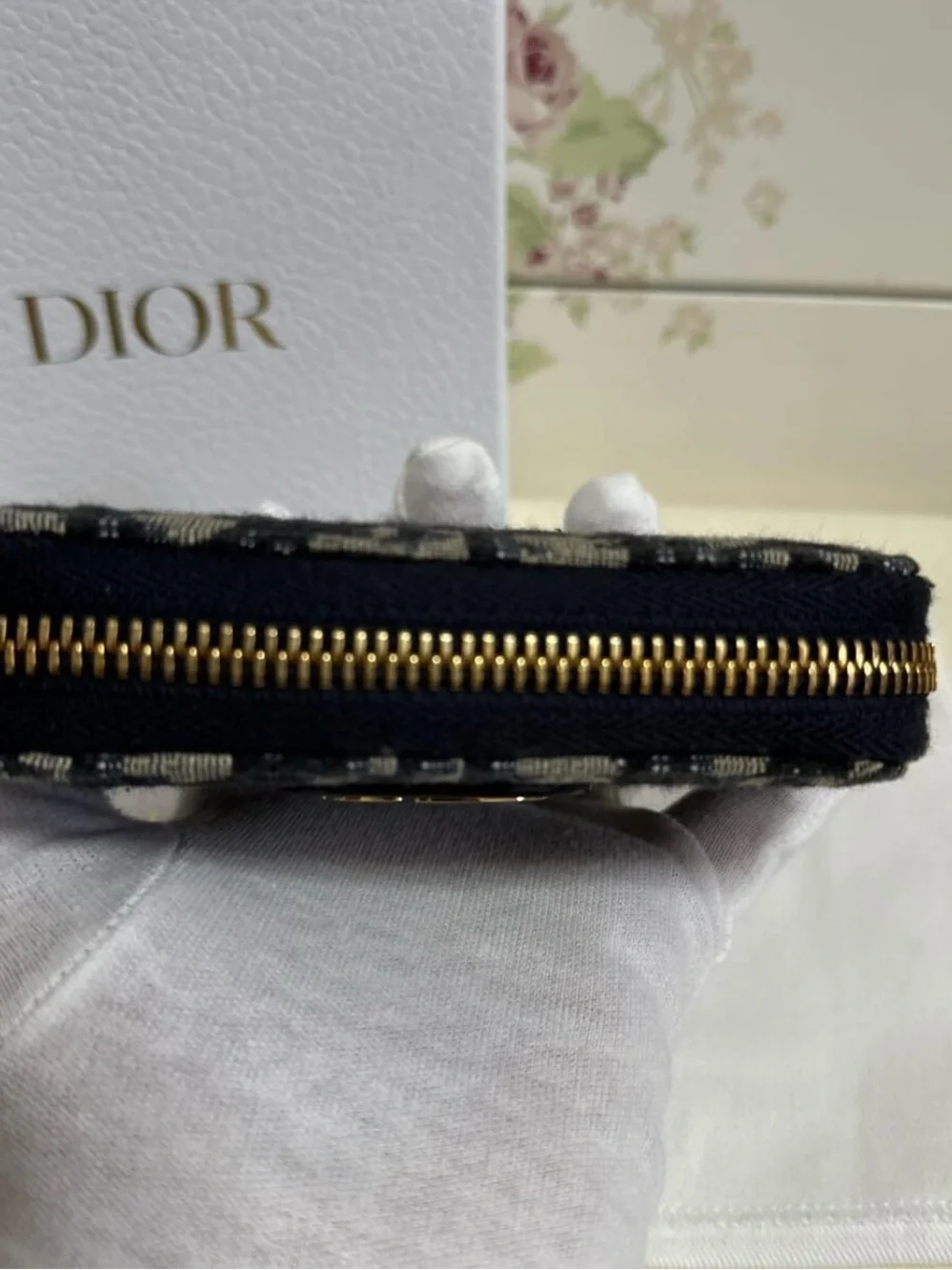 Dior Navy & Beige Oblique Zip Card/Coin Case Holder